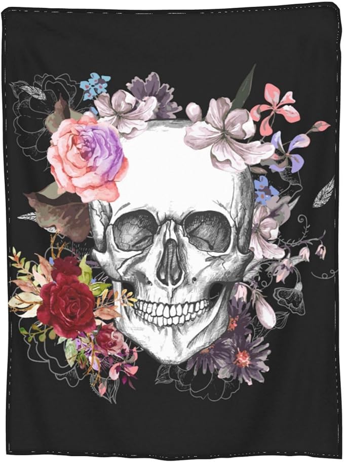 Halloween Skull Throw Blanket for Women, Gothic Rose Skull Theme Blankets, Lightweight Warm Queen Size Flannel Blanket, Cozy All Seasons Fleece Blanket for Home Bed Couch 60 X80 Inch