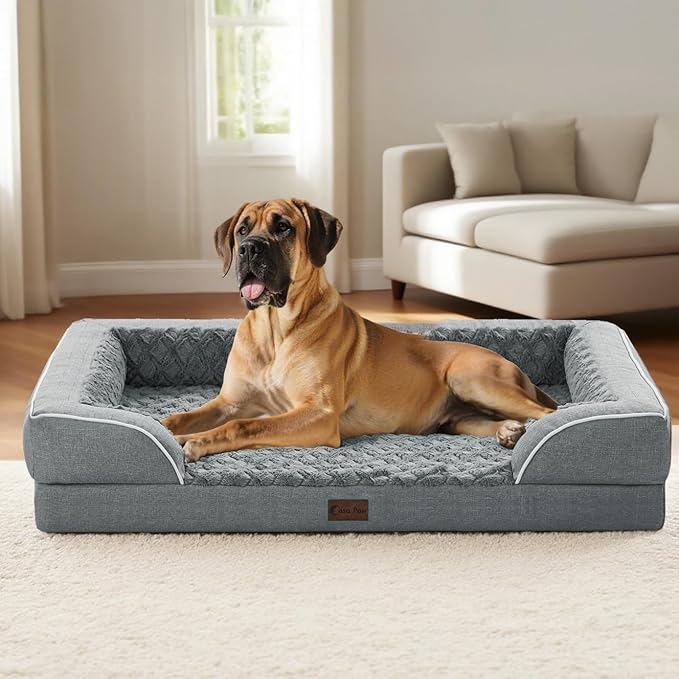 Orthopedic XL Dog Beds, Waterproof Memory Foam Big Bolster Pet Bed for Extra Large Sized Dogs 45x35Inch, Non-Slip Bottom and Egg-Crate Foam Dog Couch Bed with Washable Removable Cover, Grey