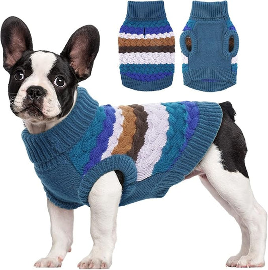 Kuoser Dog Sweater, Warm Dog Sweaters for Small Dogs Pet Christmas Clothing, Classic Cable Knitwear Cold Weather Thermal Pullover for Pug Dachshund Yorkie, Soft Puppy Turtleneck Sweatshirt, Blue S