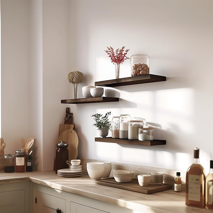 Brown Wood Floating Shelves for Wall Rustic Wall Shelf for Bedroom Living Room Set of 6