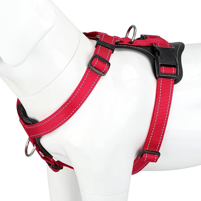 Plutus Pet Adjustable No Pull Dog Harness with Leather Accents, Heavy Duty Reflective Nylon Vest for Training, Hiking, Easy Walk Harness for Small, Medium, Large Dogs (Red, S)