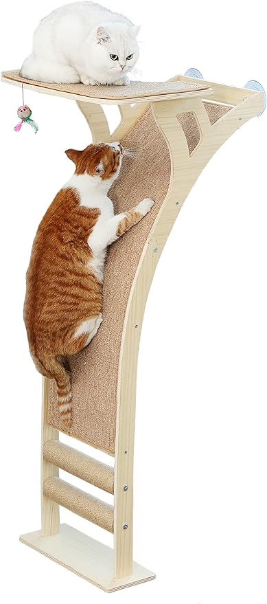 Cat Window Perch with Scratcher Ramp, 48" Climbing Tree Suctions Cups to Window Maximum Hold Up to 45lb, Wood Kitty Bed for Small Window