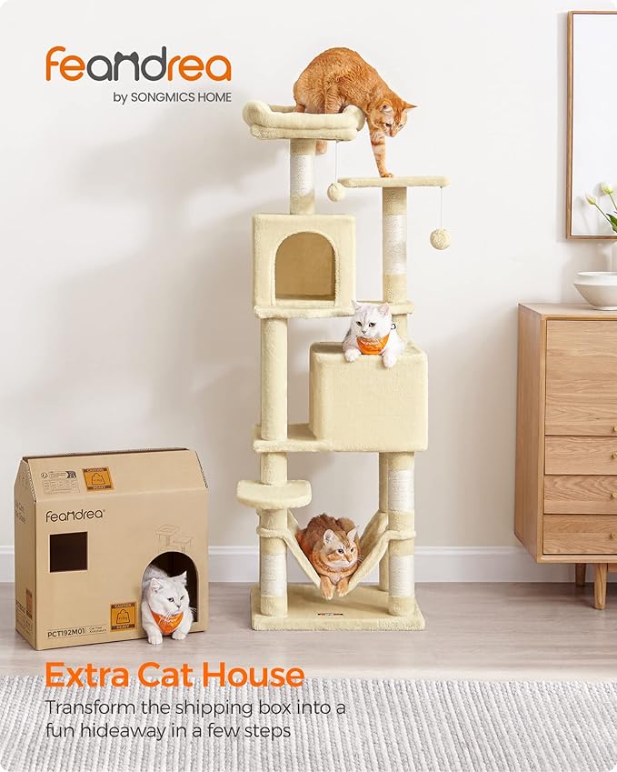 Feandrea Cat Tree, 61-Inch Cat Tower for Indoor Cats, Plush Multi-Level Cat Condo with 5 Scratching Posts, 2 Perches, 2 Caves, Hammock, 2 Pompoms, Beige UPCT192M01
