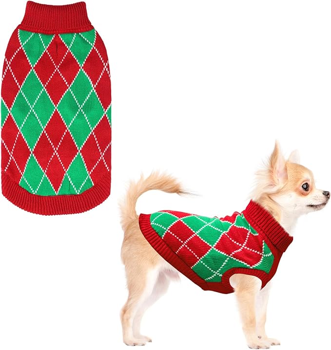 KOOLTAIL Dog Christmas Sweater, Knit Turtleneck Cold Weather Dog Sweaters for Small Medium Large Dogs, Red and Green Plaid Pullover Knitwear Dog Winter Warm Clothes, Puppy Sweater for Girls Boys XS
