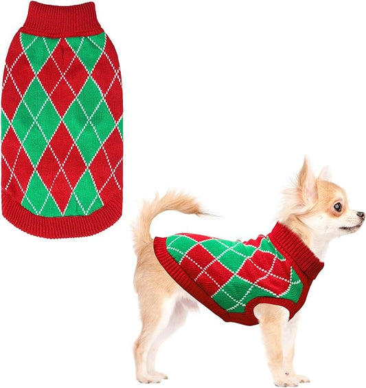 KOOLTAIL Dog Christmas Sweater, Knit Turtleneck Cold Weather Dog Sweaters for Small Medium Large Dogs, Red and Green Plaid Pullover Knitwear Dog Winter Warm Clothes, Puppy Sweater for Girls Boys XS