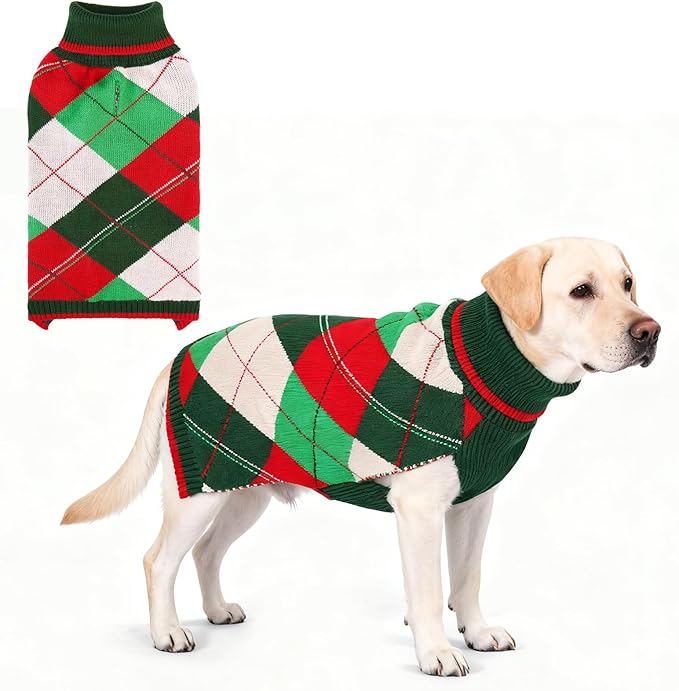KOOLTAIL Dog Christmas Sweater Pet Knitted Clothes - Classic Plaid Pull Over Turtleneck Dog Sweaters with Leash Hole Warm Dogs Winter Clothing for Small Medium Dogs Cats Puppy Boy Girl Red & Green L