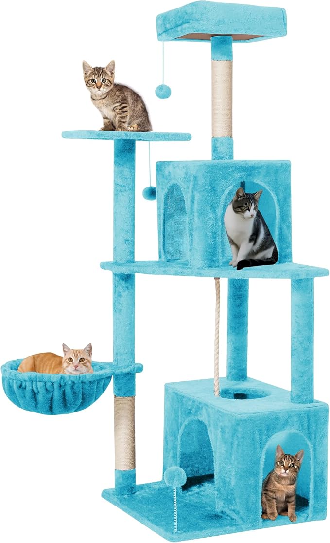Cat Tree 54-Inch Cat Tower with Padded Plush Perch 2 Comfy Caves, Scratching Posts, Basket, 2 Pompoms, Multi-Level Plush Cat Condo for Indoor Cats Kittens, Blue