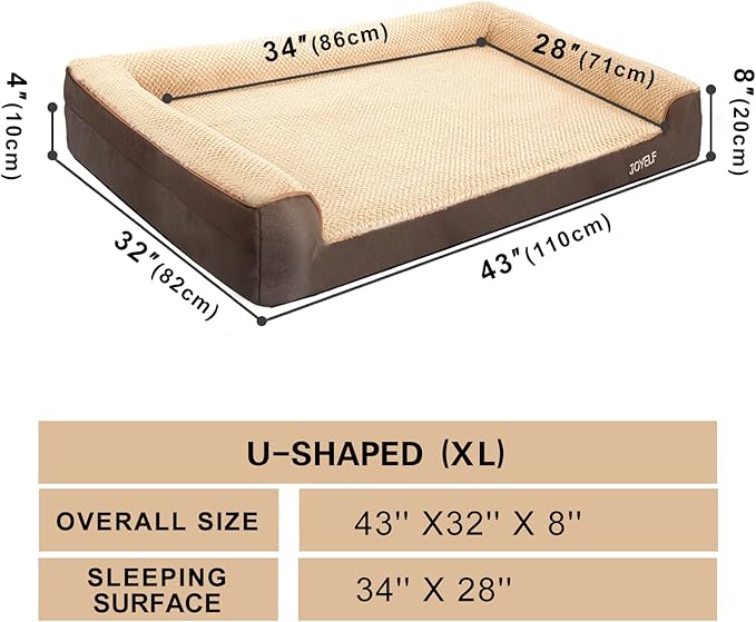 JOYELF Orthopedic Dog Bed for Extra Large Dogs, U-Shaped Foam Sofa Couch Bed, Bolster Waterproof Pet Bed with Removable Washable Cover and Nonskid Bottom for Dogs - Coffee