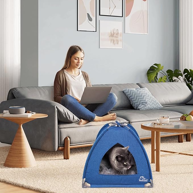 Winsterch Cat Bed Cave for Indoor Cats,Small Pet Tent Cave for Cats Kitten Small Dogs,Warming Cat House with Removable Washable Cushion (18.5'' x 18.5'' x 15.8'',Blue)