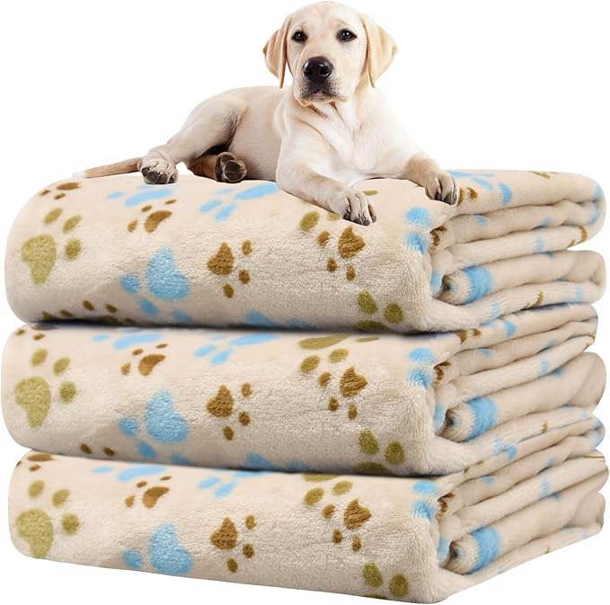 Rezutan Dog Blanket for Large Dogs, Upgraded 3 Pack Dog Cat Flannel Blankets Washable, Soft Pet Mat Throw Cover Suitable for Kennel Crate Bed, Cute Paw Pattern, Beige, 31" x 41"