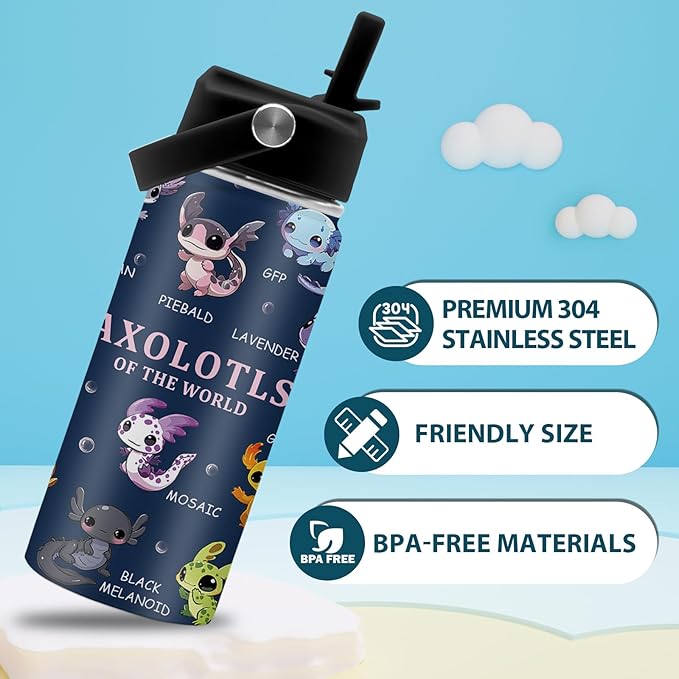 Axolotl Gifts, 16 oz Water Bottle with Straw Lid, Stainless Steel Insulated Tumbler, Cute Animals Water Bottles, Axolotl Cup Gifts for Birthday Christmas