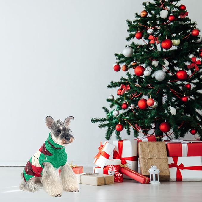 KOOLTAIL Dog Sweaters - Knitted Plaid Turtleneck Fleece with Leash Hole, Warm Clothing for Small, Medium & Large Dogs & Cats