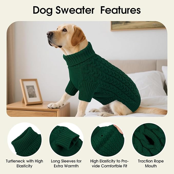 SAWMONG Dog Sweater, Dog Sweaters for Large Dogs Girls Boys, Pullover Turtleneck Knitted Doggy Sweatshirt, Cold Weather Pet Clothes（Green, X-Large