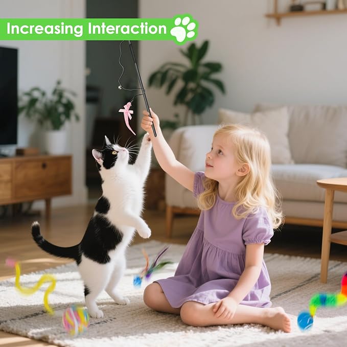 SHENGSEN Feather Wand Cat Toy,Bouncy Ball with Tail Cat Toys,Magic Worm with Large Colorful Ball Toy for Cats,Cat Feather Toys for Indoor Cats,Colorful Fuzzy Worm Bouncy Balls Cat Toy (ADM102-A-5B)