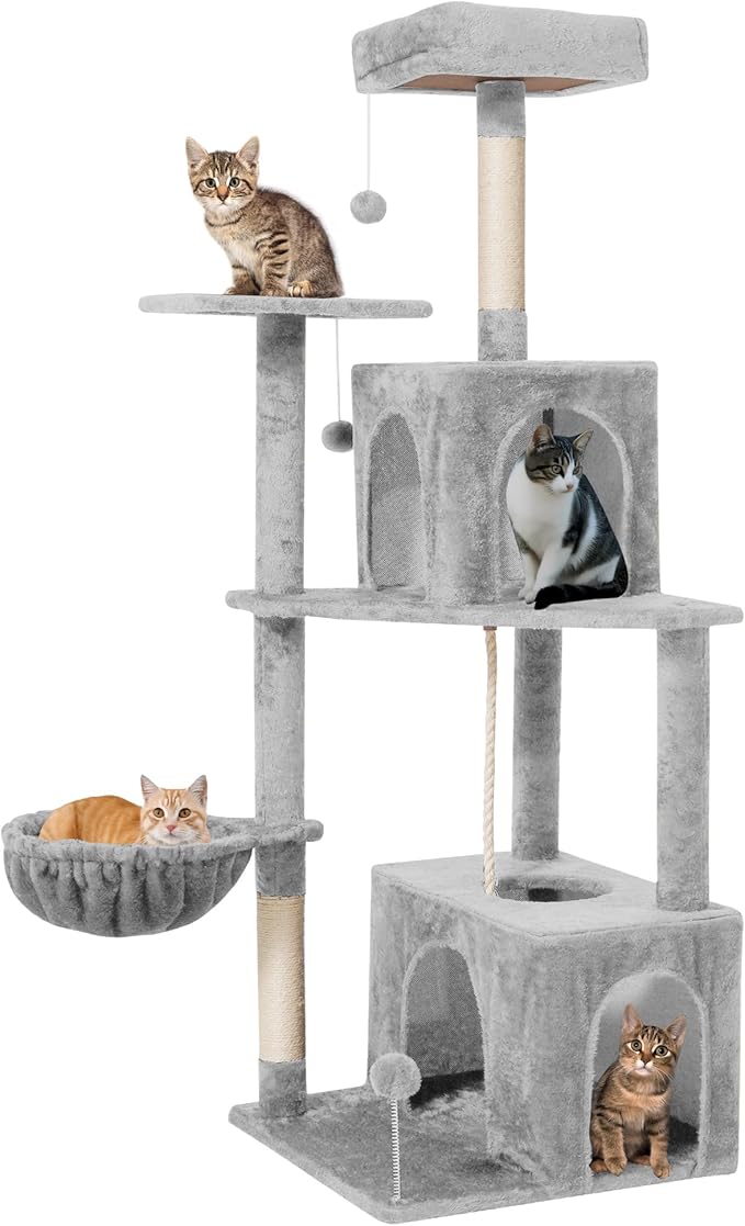 Cat Tree 54-Inch Cat Tower with Padded Plush Perch 2 Comfy Caves, Scratching Posts, Basket, 2 Pompoms, Multi-Level Plush Cat Condo for Indoor Cats Kittens, Light Gray