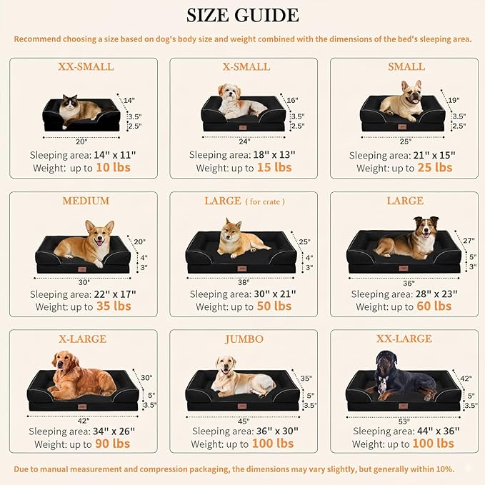 Comfort Expression Orthopedic Dog Bed for Large Dogs 38x25 Inch, Waterproof Supportive Egg Crate Foam Large Pet Bed with Removable Bolsters, Dog Couch with Washable Cover & Non-Slip Bottom, Black