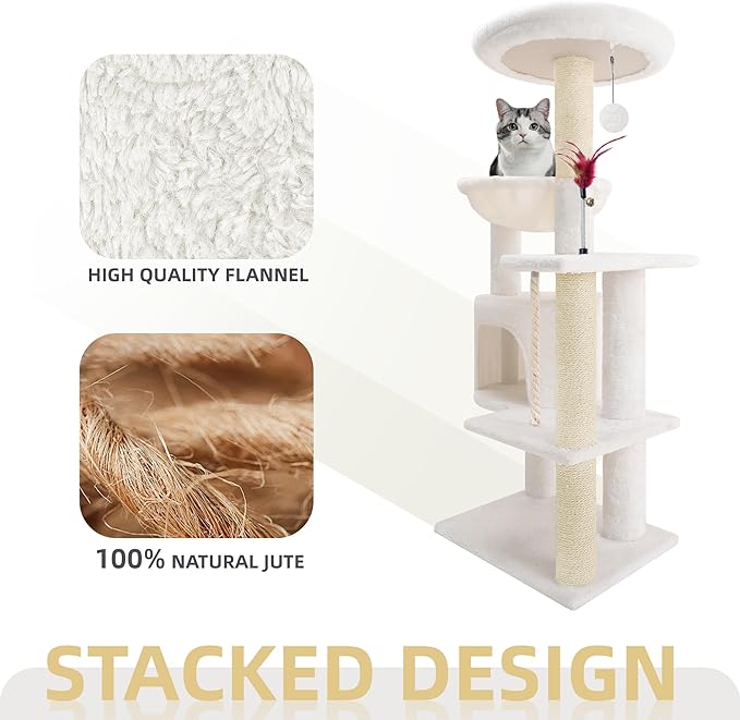 TWDEPART 42.5'' Cat Tree for Indor Cats, Multifunctional Cat Tower with Cozy Condo, Perches, Scratching Posts and Hammock, Beige