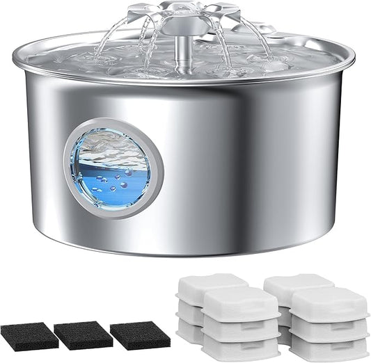 Cat Water Fountain Stainless Steel: 88oz/2.6L Pet Drinking Fountains with 6 Filters Water Bowl for Cats Inside with Flower Kitty Spout Dog Dispenser Animal Watering Supplies - Water Level Window