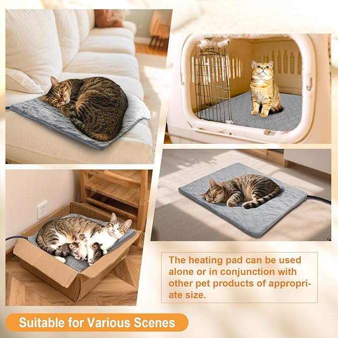 Pet Heating Pad for Cats & Dogs Indoor Outdoor, Warming Cat Heating Pad with Chew Resistant Cord, Adjustable Temperature & Time, Heated Cat Bed Mat Waterproof for Cats Small Dogs, 17.7'' × 17.7''