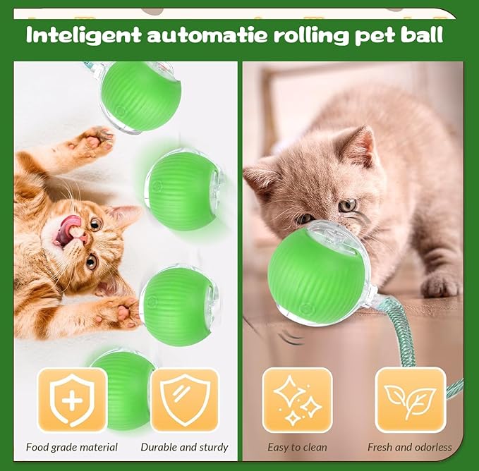 Interactive Cat Toys for Indoor Cats, Speedy Moving Ball Cat Toys with Colorful Tail, Smart Interactive Cat Rolling Ball (Green)