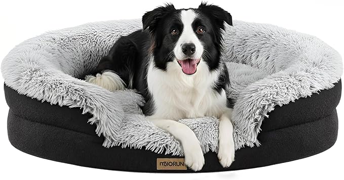 Fluffy Orthopedic Dog Bed for Medium & Large Dogs, Calming Plush Sofa Bed with Curved Bolster Support and Egg-Crate Foam Base, 43" Cozy Oval Pet Donut Bed with Washable Cover, Gray