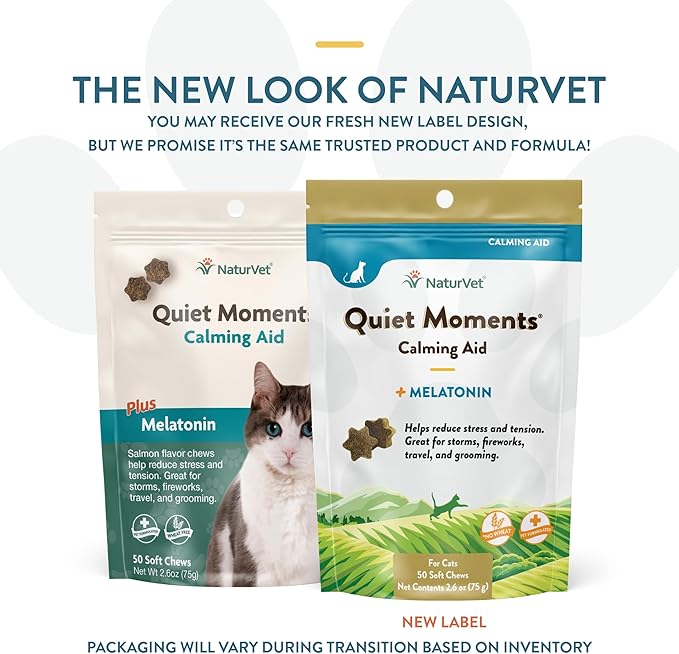 NaturVet Quiet Moments Calming Aid Cat Supplement Plus Melatonin – Helps Reduce Stress in Cats – for Pet Storm Anxiety, Motion Sickness, Grooming, Separation, Travel – 50 Ct. Soft Chews