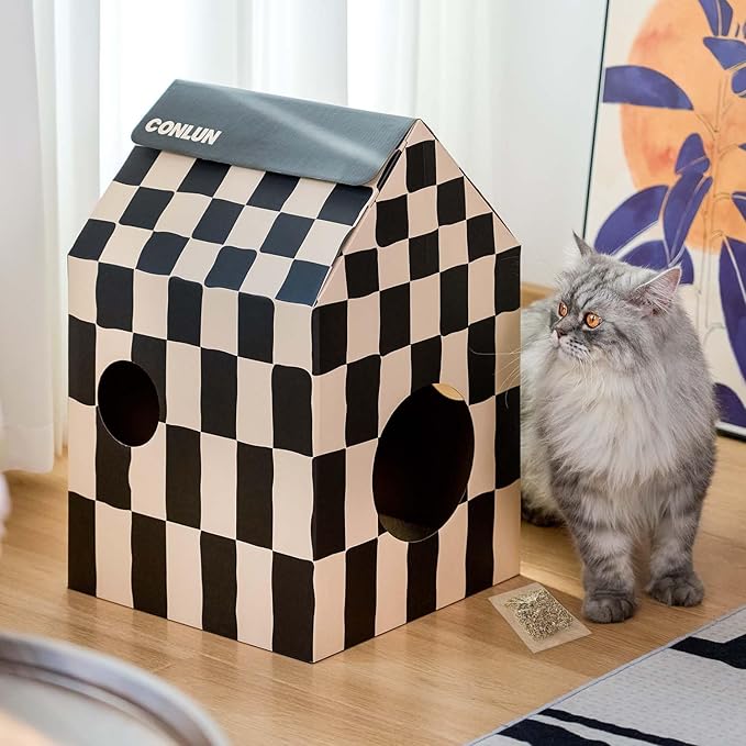 Cardboard Cat House with Scratch Pad & Catnip, Cat Play Scratching House for Indoor Hideaway Furniture, Heavy Duty Sturdy Cardboard Scratcher, Easy to Assemble Birthday Gift