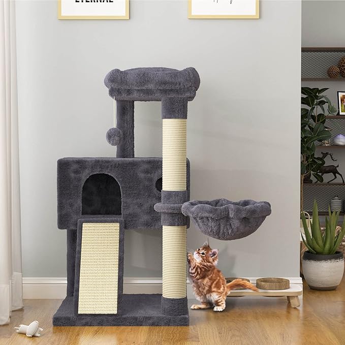 SHA CERLIN Cat Tree 36 Inches Cat Tower with Hammock, Sisal Scratching Post for Indoor Kittens, Small Room, Smoky Grey