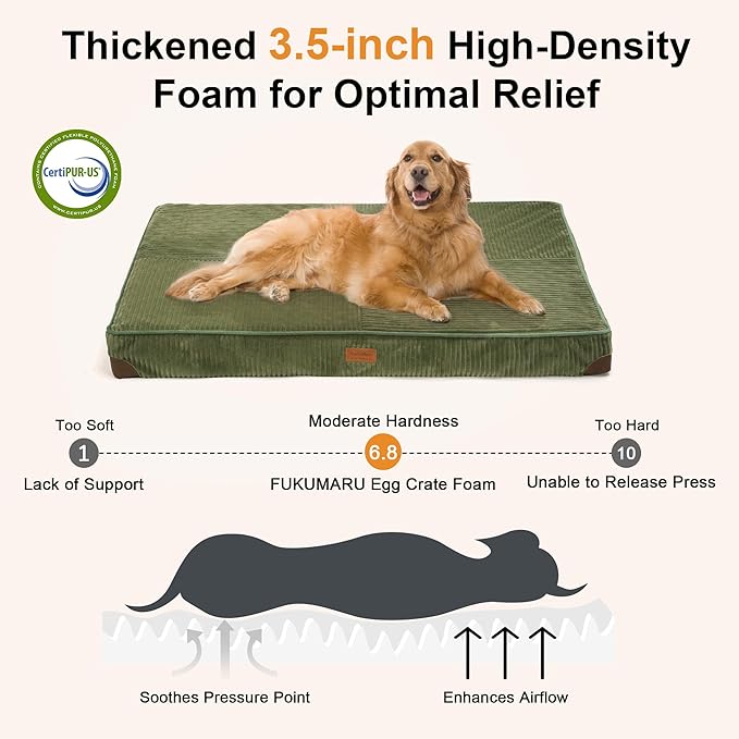 FUKUMARU Dog Bed, Plush Corduroy Orthopedic Dog Beds with Washable Cover, Large Waterproof Dogs Bed for Crate, Egg Crate Foam Support Pet Mat, Cozy Pet Bed Mat with Anti-Slip Bottom, Green