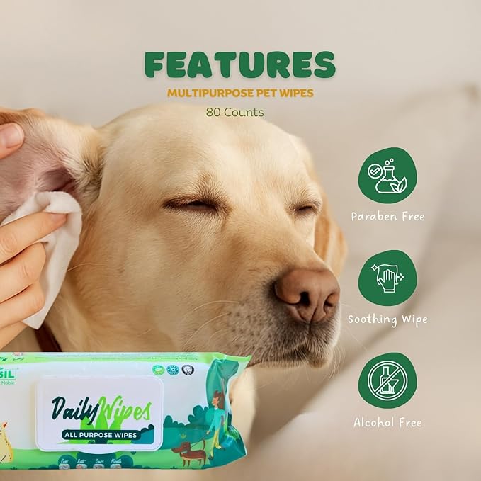 BASIL Pet Grooming Wipes – Lemon-Scented - Paraben-Free with Aloe Vera, Vitamin E & Castor Oil, Gentle Cleaning Wipes for Dogs, Cats & Puppies – Paws, Ears, Mouth & Butt – 80 Count, 7” x 7.87”