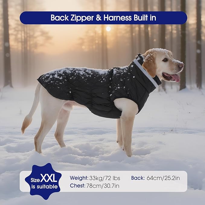 FUAMEY Dog Coat for Large Dogs,Waterproof Dog Winter Jacket with Harness Built in Puppy Cold Weather Coats Reflective Pet Vest with Zipper Warm Fleece Dogs Snowsuit Windproof Solid Black 3XL