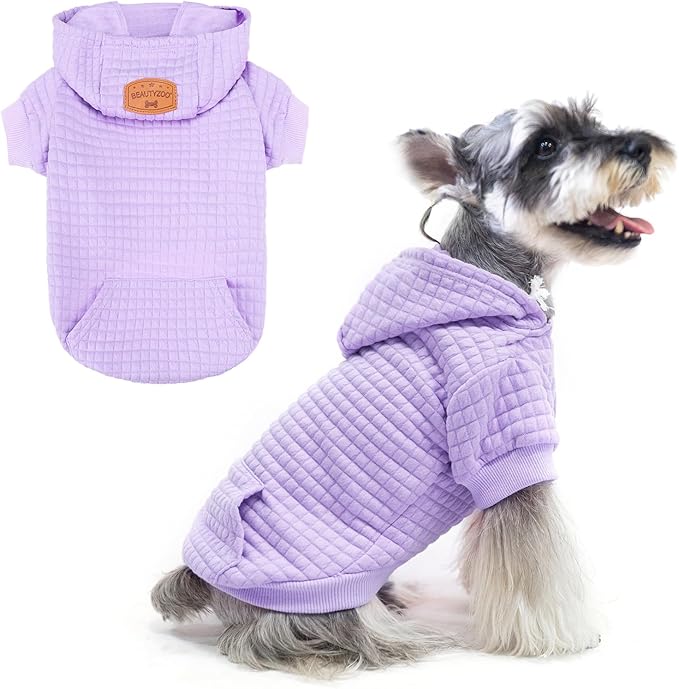 BEAUTYZOO Small Dog Hoodie Sweater with Pockets, Dog Clothes for Small Medium Dogs Boy Girl, Waffle-Like Laminated Cotton Pet Coats with Hat and Leash Hole, Purple S