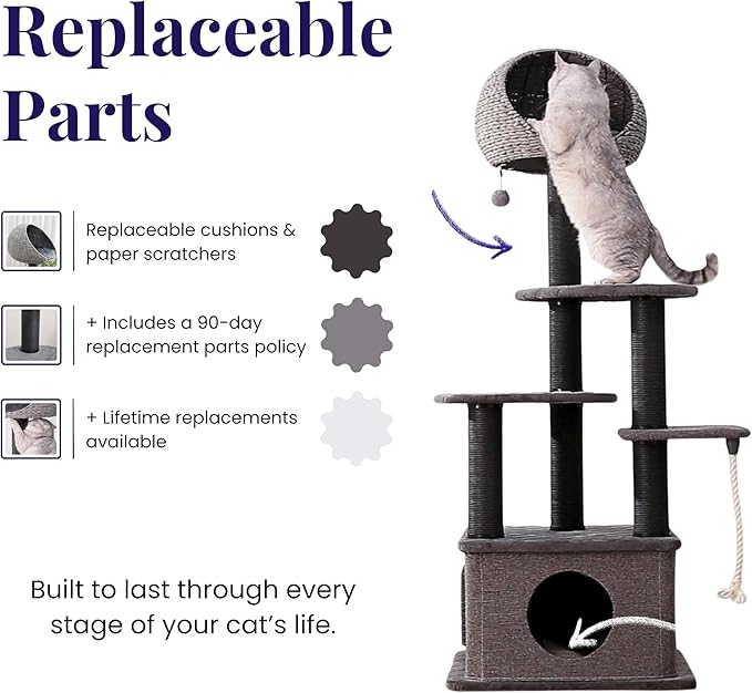 Catry 62" High 6 Level Mordern Cat Tree with Large Base Condo, Top Hoodie Bed, Quilted Velvet Pad Steps, Replaceable Scratching Posts,for Multi- Cats Homes(Dark Gray)