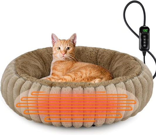 INVENHO Heated Cat Beds for Indoor Cats and Small Dogs, 20" Cozy Donut Heated Pet Bed with Timer & Temp Adjustable, Removable Waterproof Electric Warming Bed for Indoor Cat