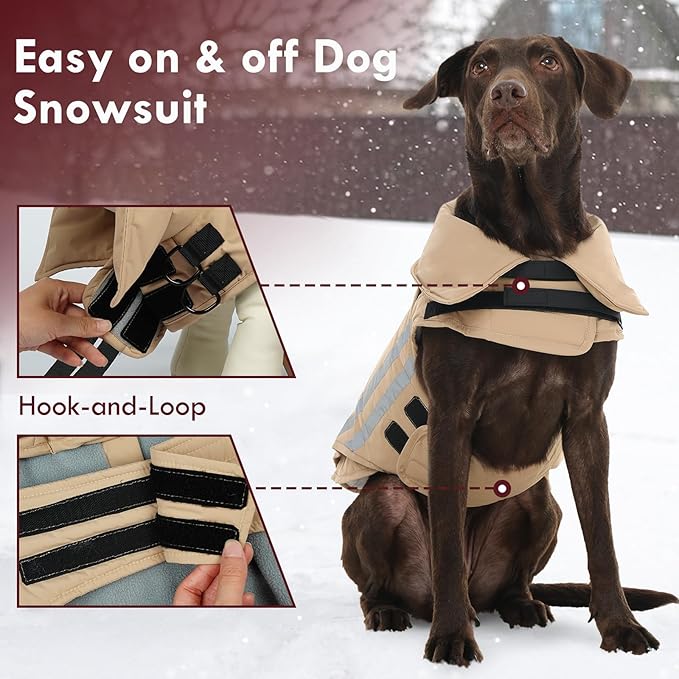 Dog Winter Coat Waterproof Dog Jacket with Harness Hole Reflective Windproof Fleece Snowsuit Turtleneck Hook & Loop Cold Weather Coats for Large Dogs Great Dane Doberman, Khaki 4XL