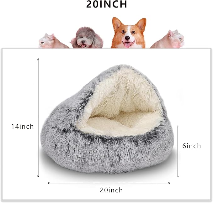 ShinHye Cat Bed Round Plush Fluffy Hooded Cat Bed Cave, Cozy for Indoor Cats or Small Dog beds, Soothing Pet Beds Doughnut Calm Anti-nxiety Dog Bed - Waterproof Bottom Washable (20×20inch, Grey)