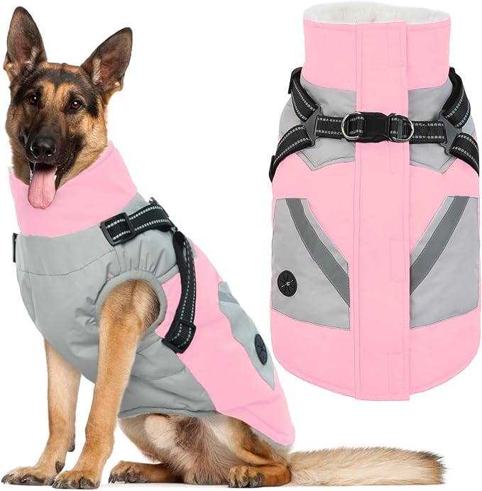 IECOii Large Dog Coat with Harness Built in - Pink, Large - Waterproof Windproof Dog Winter Coat, Fleece Lined Zip Snow Jacket for Dogs Thermal Outdoor Snowsuit Cold Weather Jackets Bulldog
