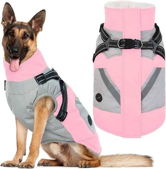 IECOii Large Dog Coat with Harness Built in - Pink, Large - Waterproof Windproof Dog Winter Coat, Fleece Lined Zip Snow Jacket for Dogs Thermal Outdoor Snowsuit Cold Weather Jackets Bulldog