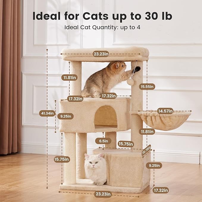 Gardner Pet 41" Tall Cat Tree for Large Cats, Heavy Duty Cat Tower with 3.2in Posts & Washable Top Perches, Space-Saving Cat Furniture with Replaceable Natural Sisal for Apartments, Easy to Assembly
