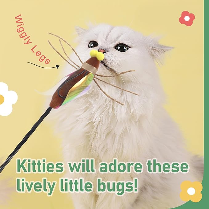 SONGWAY Cat Bug Toy Wand - Cat Teaser Wand Toy with 4 Pcs Cute Insect Feather cat Toy Replacements, Interactive Cat Toys Bug for Indoor Cats Kittens