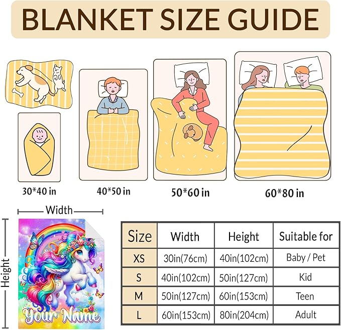 Girls Unicorn Blanket Personalized Unicorn Throw Gift for Toddler Kids Birthday, 40x50 Inches Lightweight Cozy Cute Custom Throw Blankets for Sofa Couch Bedroom