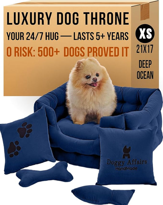 Luxury Dog Bed Chesterfield – Handcrafted Velvet Throne for Dogs | Joint Support, Calming & Temp-Regulating Comfort | Durable 5+ Years, Anti-Claw, Washable 100+ Times – XS, Blue