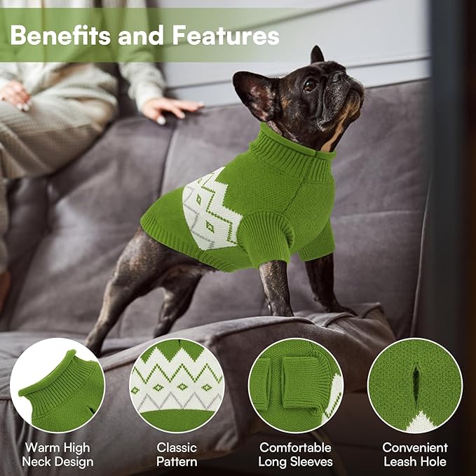 Queenmore Warm Dog Sweater, Soft Pet Knitwear, Knitted Pullover, Winter Pet Clothes for Small Medium Dogs Cats Green