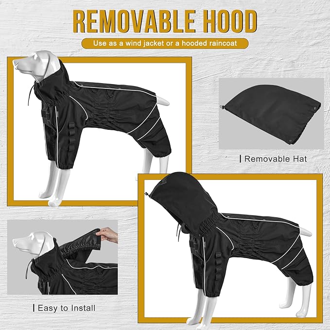 OneTigris Dog Raincoat with Hood for Medium Large Dogs, Waterproof & Reflective, 4 Legs Dog Rain Jacket Adjustable Puppy Poncho for The Rain and Snow (Black, Medium)