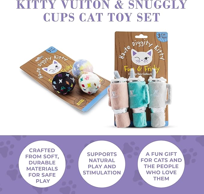 Vuiton Monogram Balls + Snuggly Cups Set, Plush Cat Toys Catnip Filled with Interactive Crackle Sound, Safe & Durable Toys for Cat & Kitten, 6 Pcs