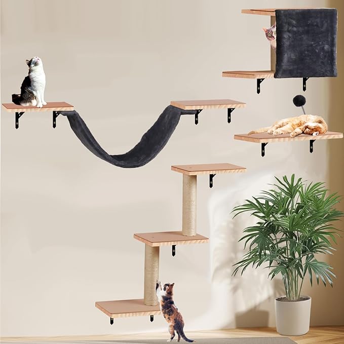 Cat Shelves for Wall, Solid Wood Cat Wall Furniture, with Cat's House, Bed, Hammock, Sisal Scratching Post Ladder (Dark Color)