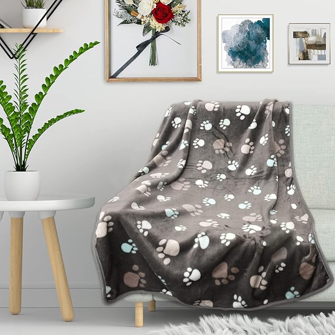 Rezutan Dog Blanket for Large Dogs, Upgraded 3 Pack Dog Cat Flannel Blankets Washable, Soft Pet Mat Throw Cover Suitable for Kennel Crate Bed, Cute Paw Pattern, Grey/Brown/White, 31" x 41"