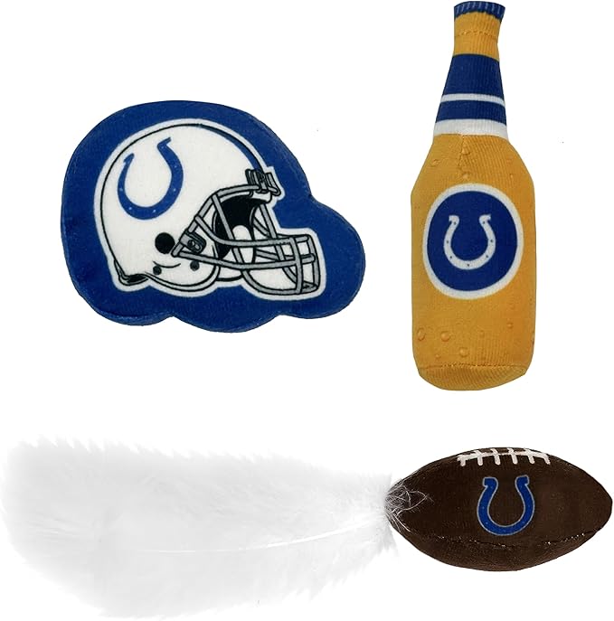 Pets First Best Plush CAT Toy - NFL Indianapolis Colts Complete Set of 3 Piece Cat Toys Filled with Fresh Catnip. Includes: 1 Helmet Cat Toy, 1 Football Cat Toy with Feathers & 1 Beer Bottle