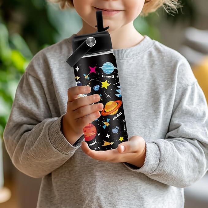 Space Astronomy Gifts, 16 oz Space Water Bottle with Straw Lid, Stainless Steel Insulated Tumbler, Astronaut Planet Birthday Gifts Cups