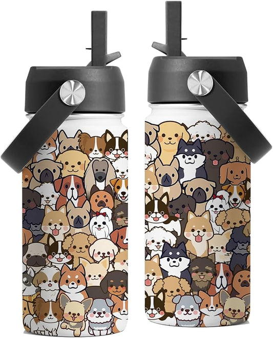 Dog Lover Gifts, 16 oz Water Bottle with Straw Lid, Stainless Steel Insulated Dog Water Bottles, Cute Puppy Tumbler for Travel Outdoor